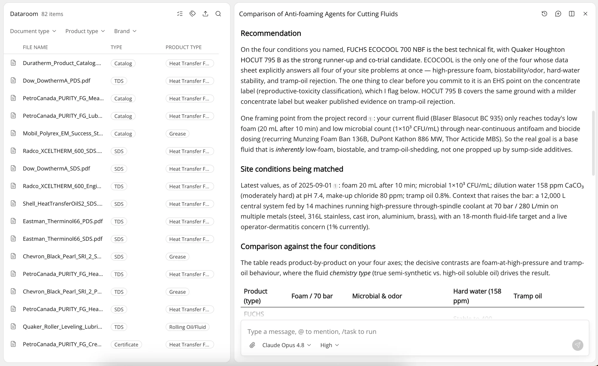 The Dataroom with 82 documents from many manufacturers, beside an agent recommendation that compares four brands against the site conditions.